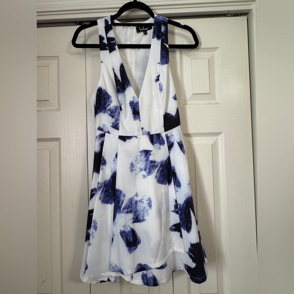 Lulu's Blue and White Sleeveless V-Neck A-Line Dress